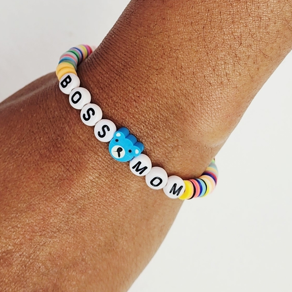 Handmade Multi Color Bear Clay Bead Bracelet With The Word Boss Mom